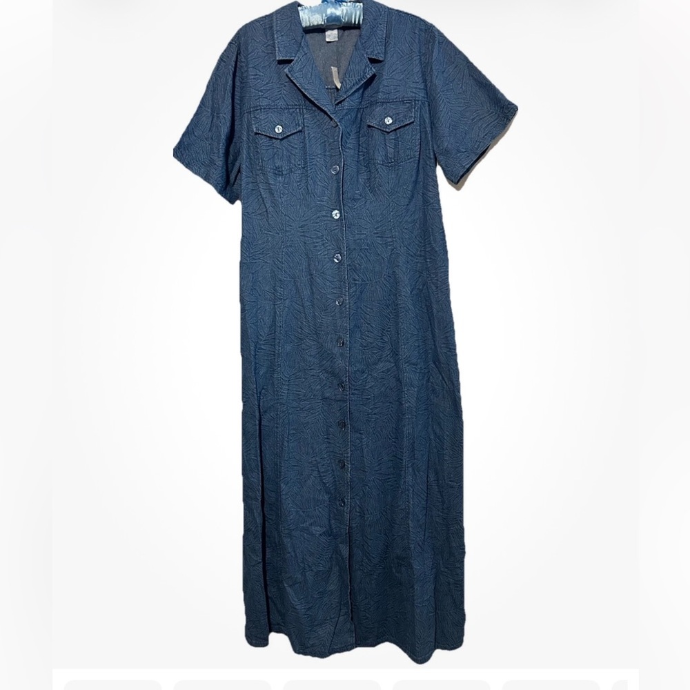 Great Northwest Dress 16 Denim With Subtle Leaf Print Modest Button Up Maxi NWT